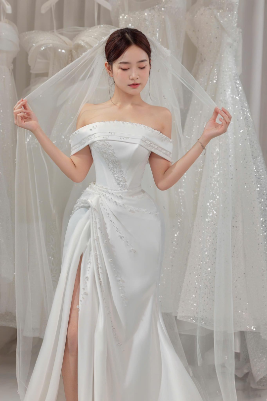 Váy cưới đuôi cá xẻ tà đính đá